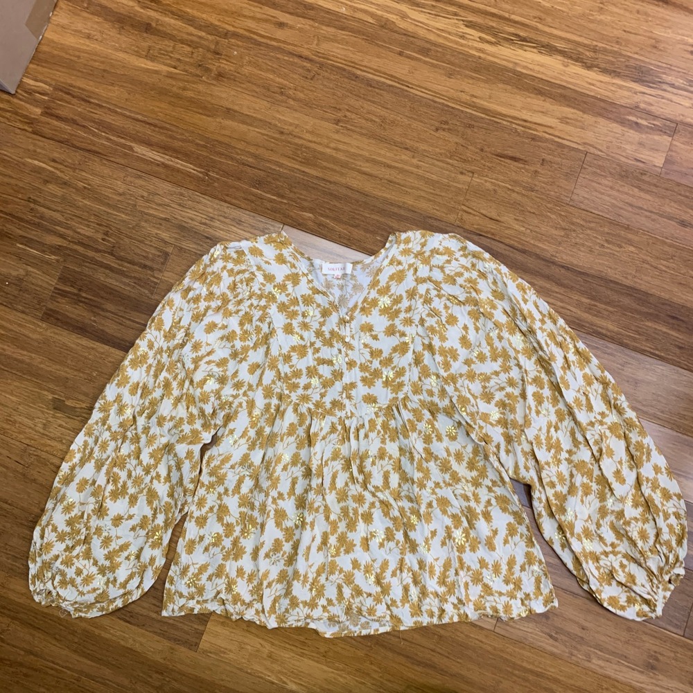 Solitaire Floral Blouse Womens Size Medium Long Balloon Sleeve Button Front Top